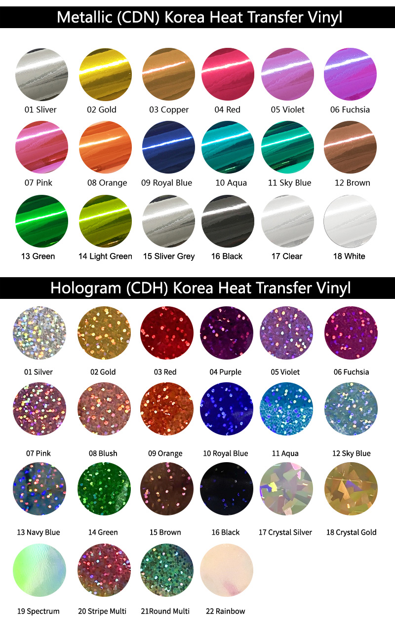 Korea Heat Transfer Vinyl PU PVC Glitter Metallic Flock Hologram HTV For T-shirt
