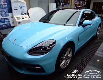 CL-SG-09 Super gloss light blue car wrap vinyl on PORSCHE