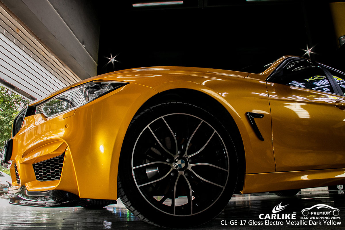 CARLIKE super gloss electro metallic dark yellow car wrap vinyl on BMW, car wrap Canada