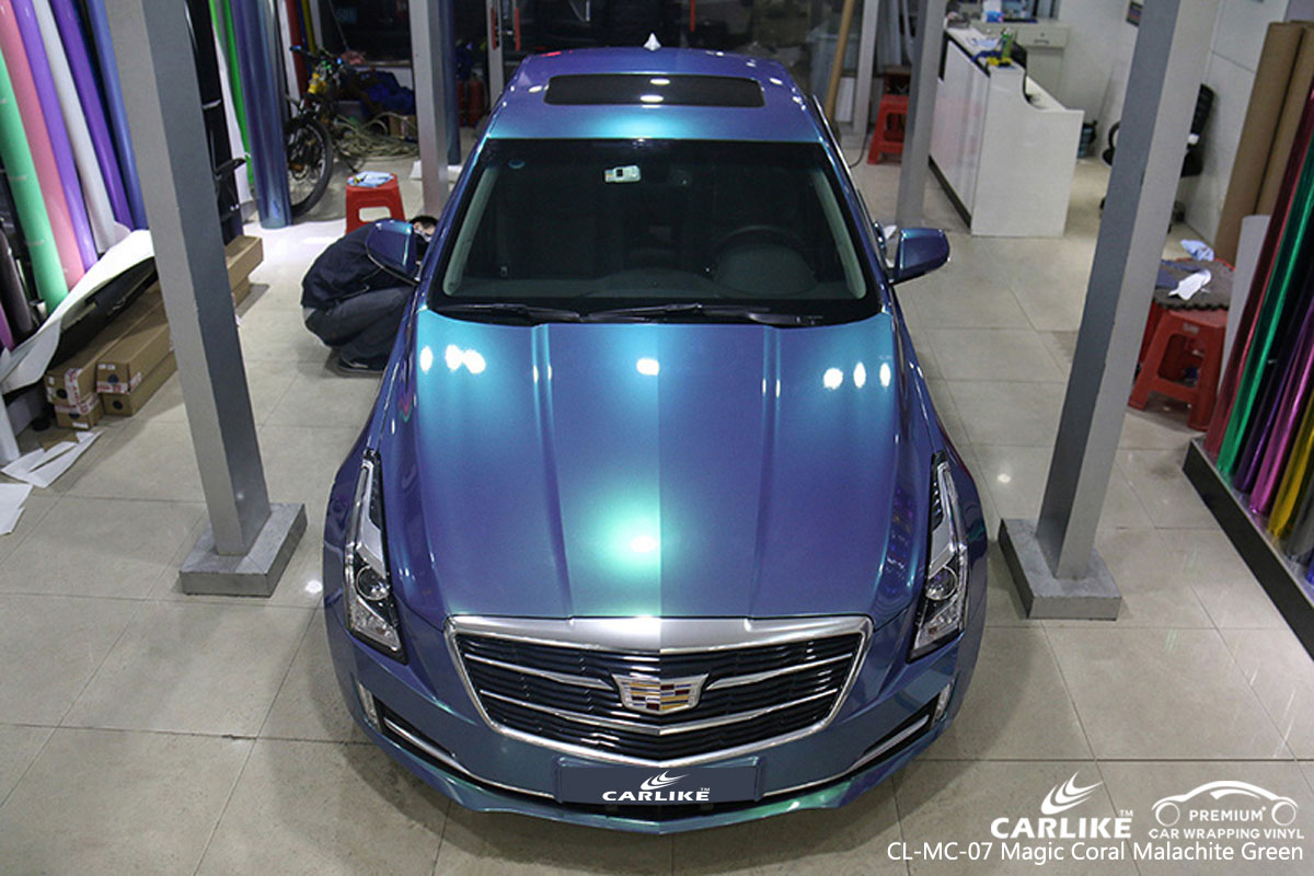 CARLIKE gloss magic coral malachite blue car wrapping vinyl on Cadillac, vehicle wrap