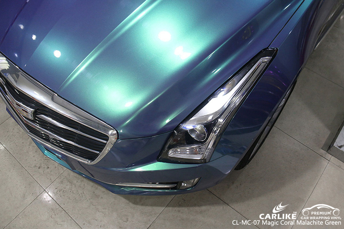 CARLIKE gloss magic coral malachite blue car wrapping vinyl on Cadillac, vehicle wrap