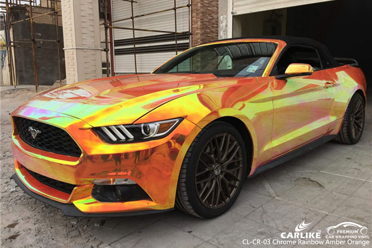 CARLIKE CL-CR-03 chrome rainbow amber orange car wrap vinyl for Mustang