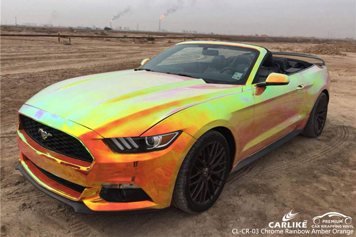 CARLIKE CL-CR-03 chrome rainbow amber orange car wrap vinyl for Mustang