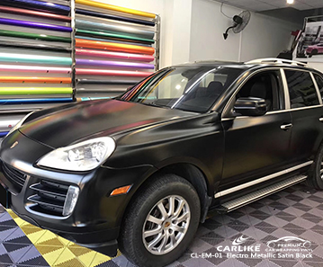 CL-EM-01 الكهربائية الساتان الأسود التفاف السيارة الفينيل لبورشه