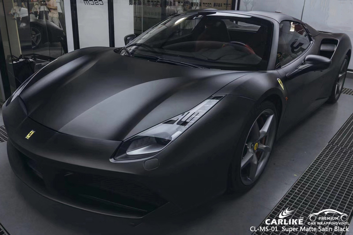 Ferrari wrapped in Matte Black vinyl