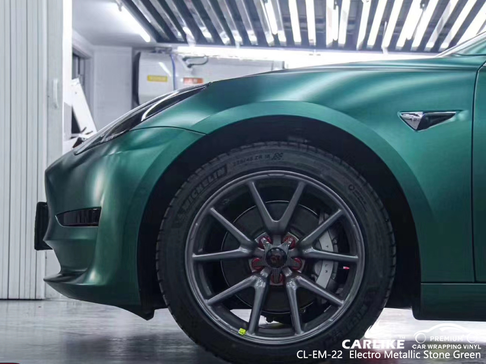 CL-EM-22 electro metallic stone green car wrap gloss for TESLA Ile-de-France France