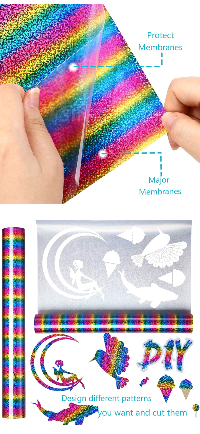 HOHOFILM 50cmx100cm Colorful Laser Holographic Heat Transfer Vinyl HTV Rainbow Color Heat Press Paper for DIY Clothes T-Shirt Hot Stamping Film 20X40 