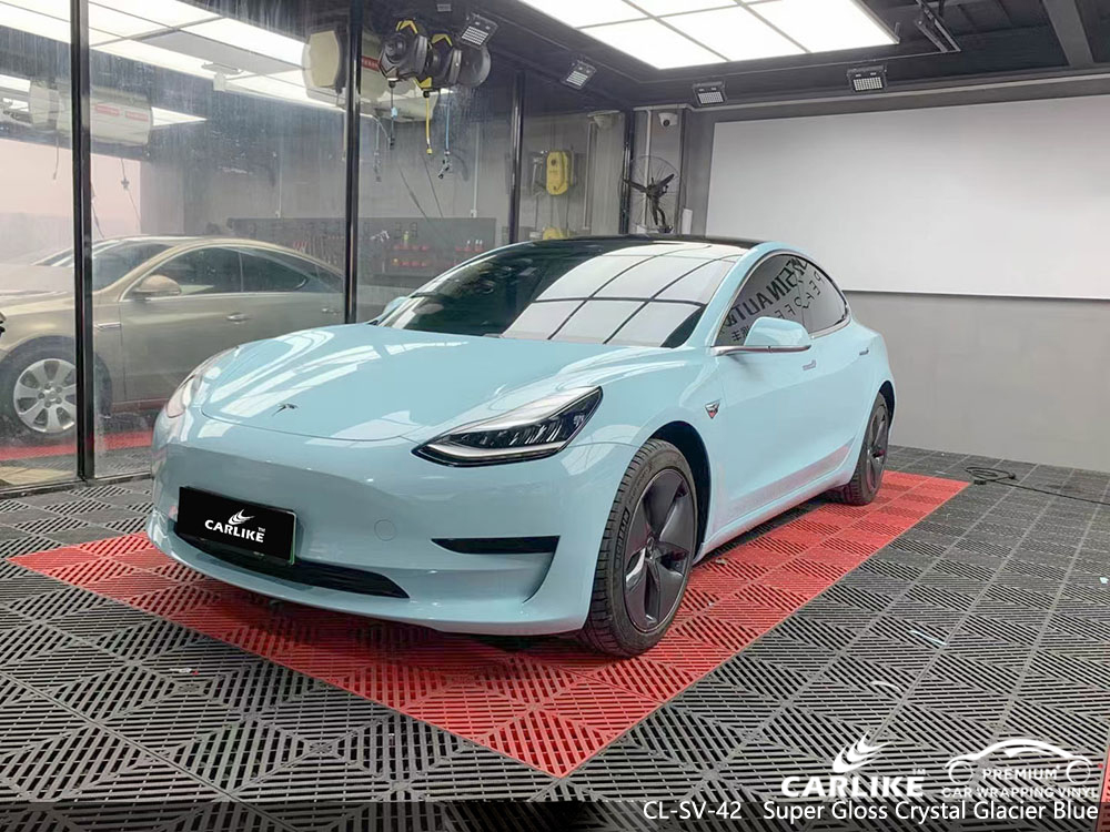 CL-SV-42 süper parlak kristal buzul mavisi vinil araba TESLA için sarma üreticisi