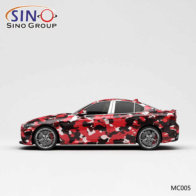 Involucro in vinile per auto personalizzato con stampa ad alta precisione in bianco e nero con motivo mimetico rosso MC005