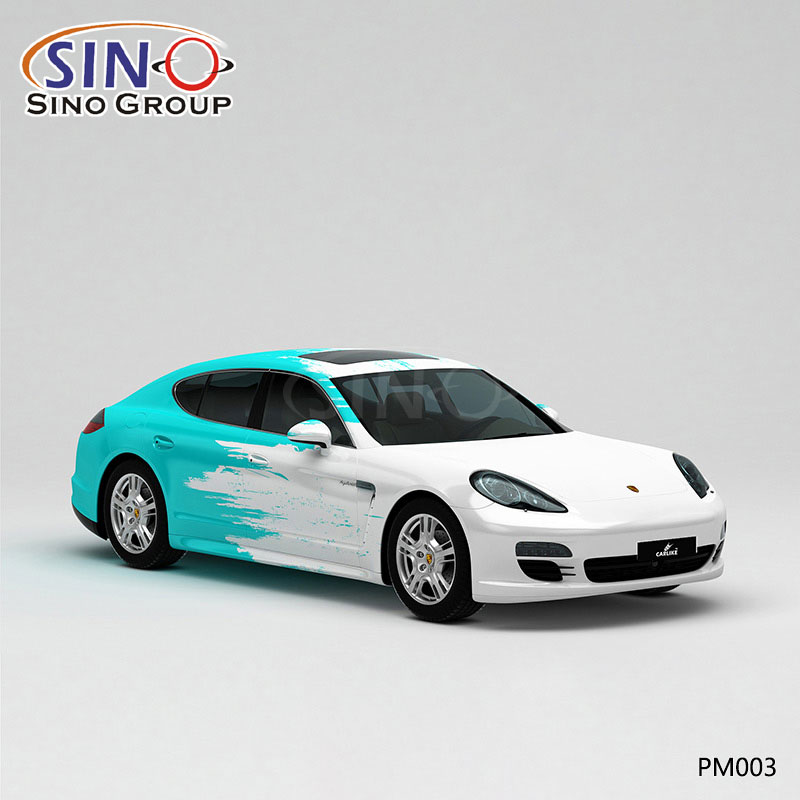 PM003 Padrão Branco e Azul Splash Ink Impressão de alta precisão Envoltório de vinil personalizado para carro