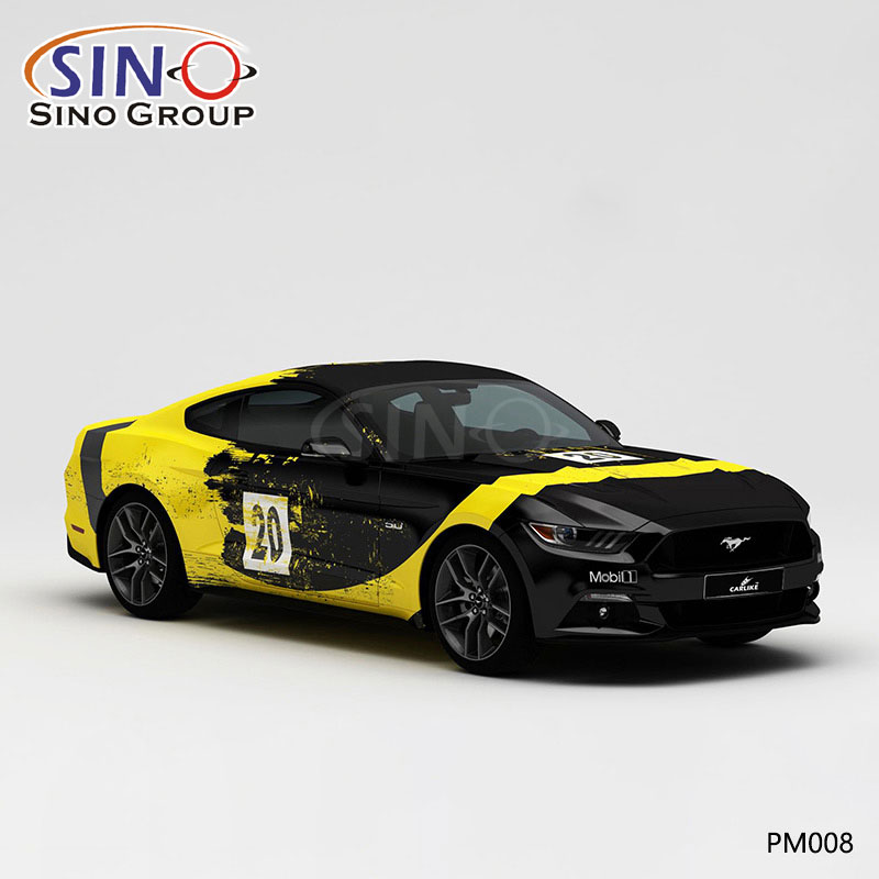 PM008 حبر سبلاش أسود وأصفر طباعة عالية الدقة غلاف فينيل للسيارة مخصص