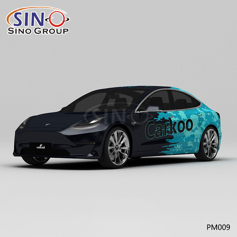 PM009 نمط أسود وأزرق حبر سبلاش طباعة عالية الدقة غلاف فينيل للسيارة مخصص