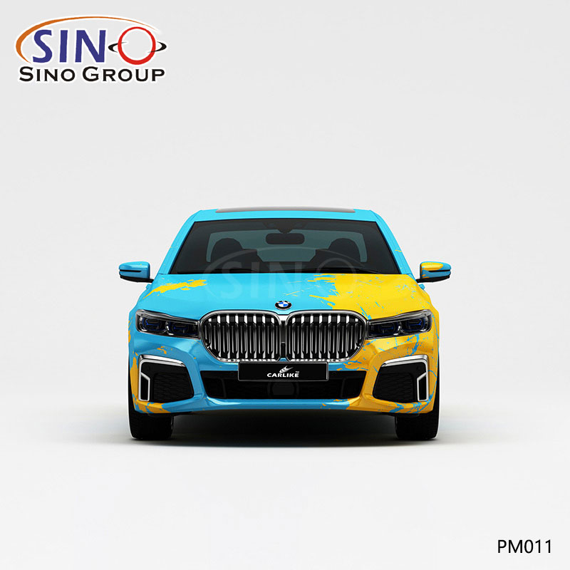 PM011 Modello giallo e blu Splash Stampa ad alta precisione Involucro in vinile per auto personalizzato