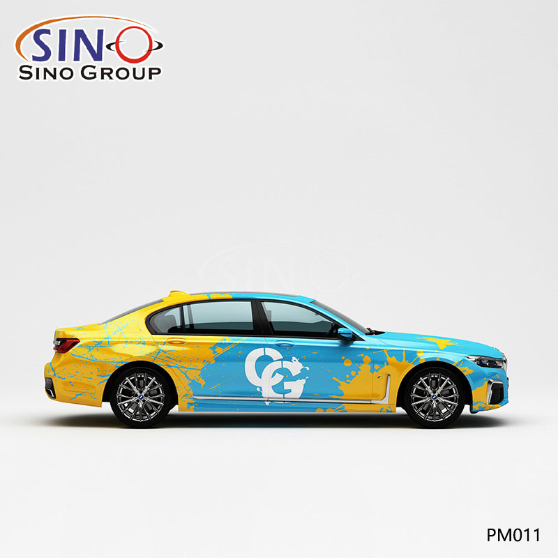 PM011 نمط أصفر وأزرق دفقة طباعة عالية الدقة غلاف فينيل للسيارة مخصص