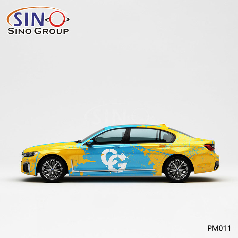 PM011 Pattern Envoltório de vinil de carro personalizado de impressão de alta precisão com respingo de cor amarela e azul
