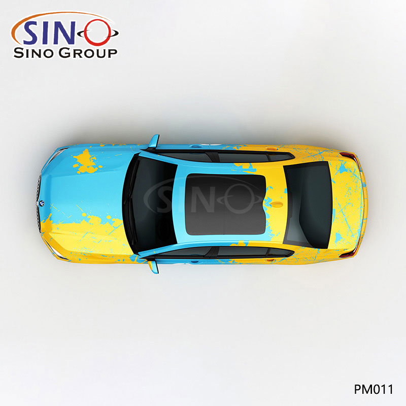 PM011 نمط أصفر وأزرق دفقة طباعة عالية الدقة غلاف فينيل للسيارة مخصص