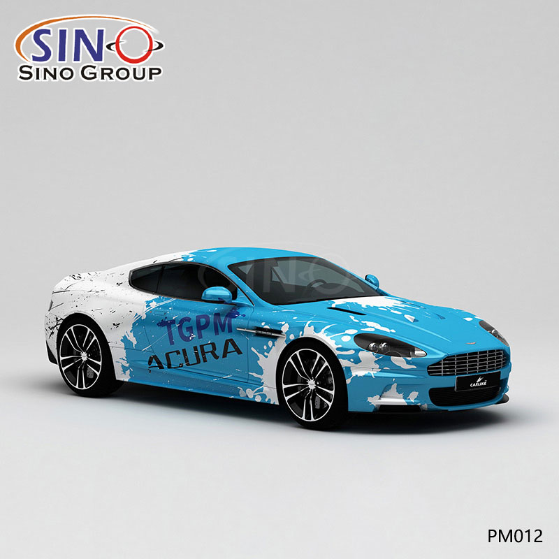 PM012 motif encre bleue et blanche impression haute précision enveloppe de vinyle de voiture personnalisée