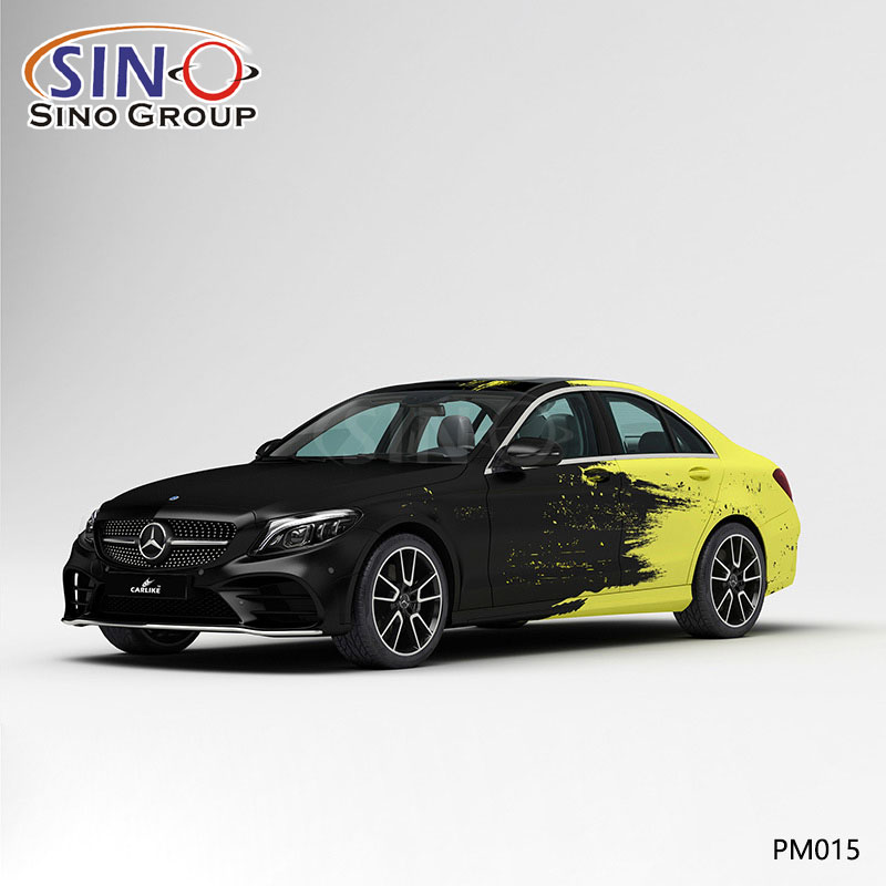 PM015 Padrão Tinta de respingo preto e amarelo Impressão de alta precisão Envoltório de vinil de carro personalizado