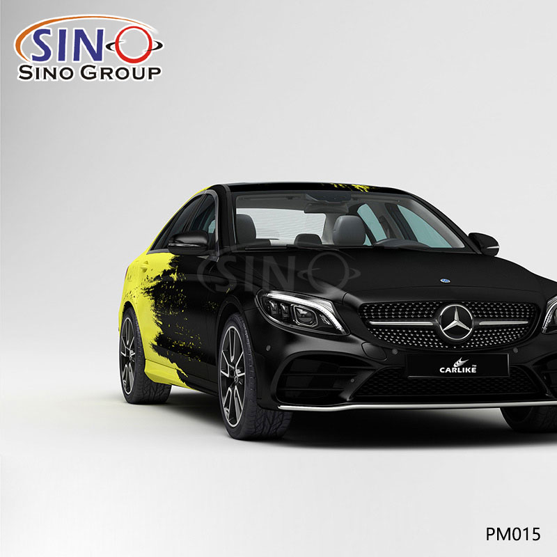 PM015 حبر رش أسود وأصفر طباعة عالية الدقة غلاف فينيل للسيارة مخصص