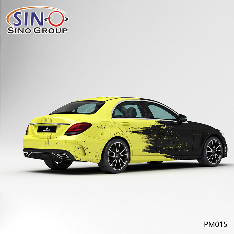 PM015 Padrão Tinta Respingo Preto e Amarelo Impressão de Alta Precisão Envoltório de Vinil para Carro Personalizado