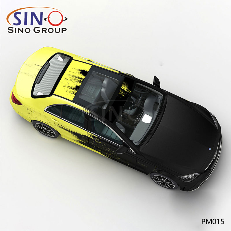 PM015 Padrão Tinta preta e amarela Splash Impressão de alta precisão Envoltório de vinil personalizado para carro