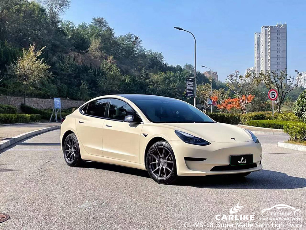 CL-MS-18 Süper Mat Saten Açık Fildişi vinil araba TESLA için sarma üreticisi