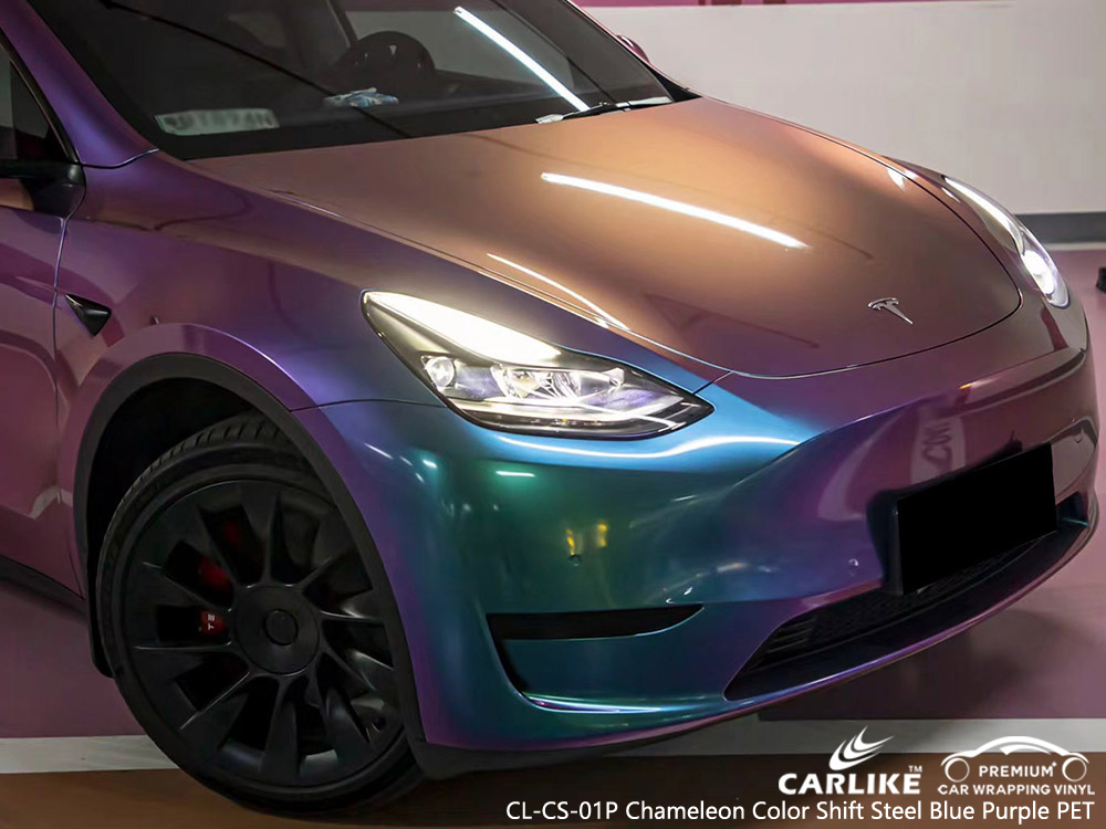 CL-CS-01P Chameleon Color Shift Acier Bleu Violet PET Fabricant d'habillage de voiture en vinyle pour TESLA