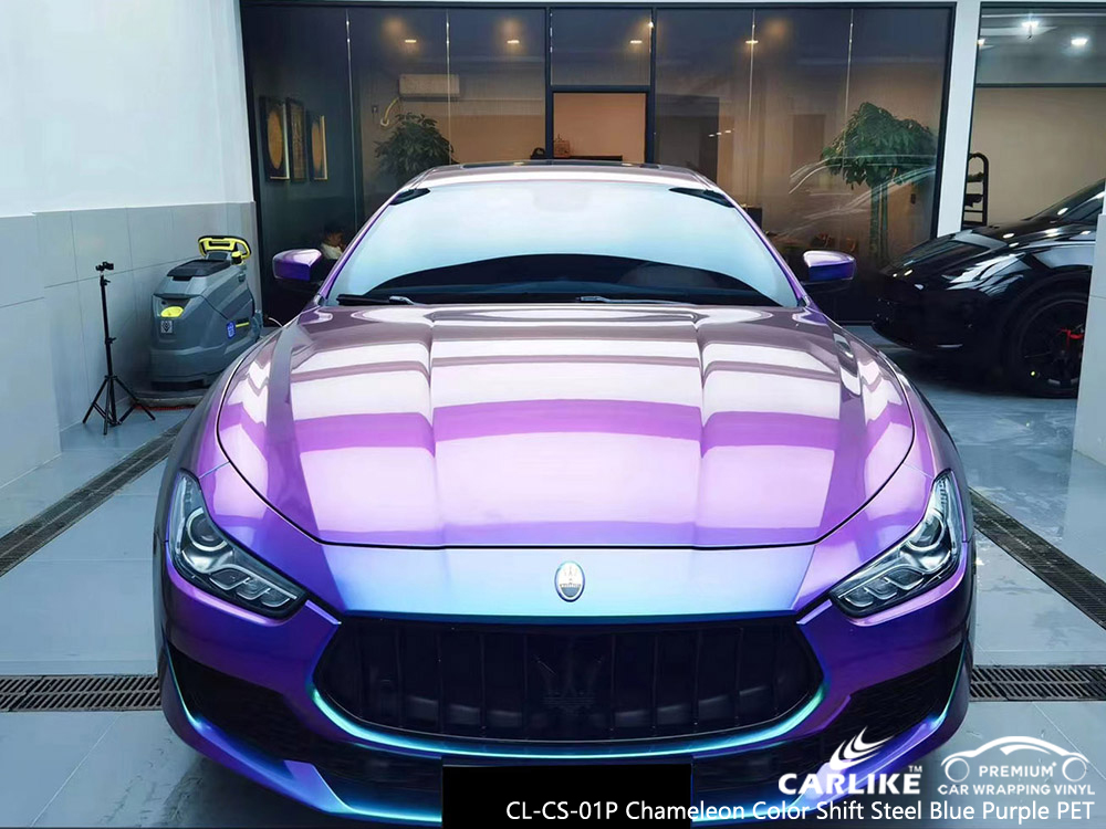 CL-CS-01P Bukalemun Renk Kayması Çelik Mavi Mor PET MASERATI için Vinil Araç Kaplama Tedarikçisi