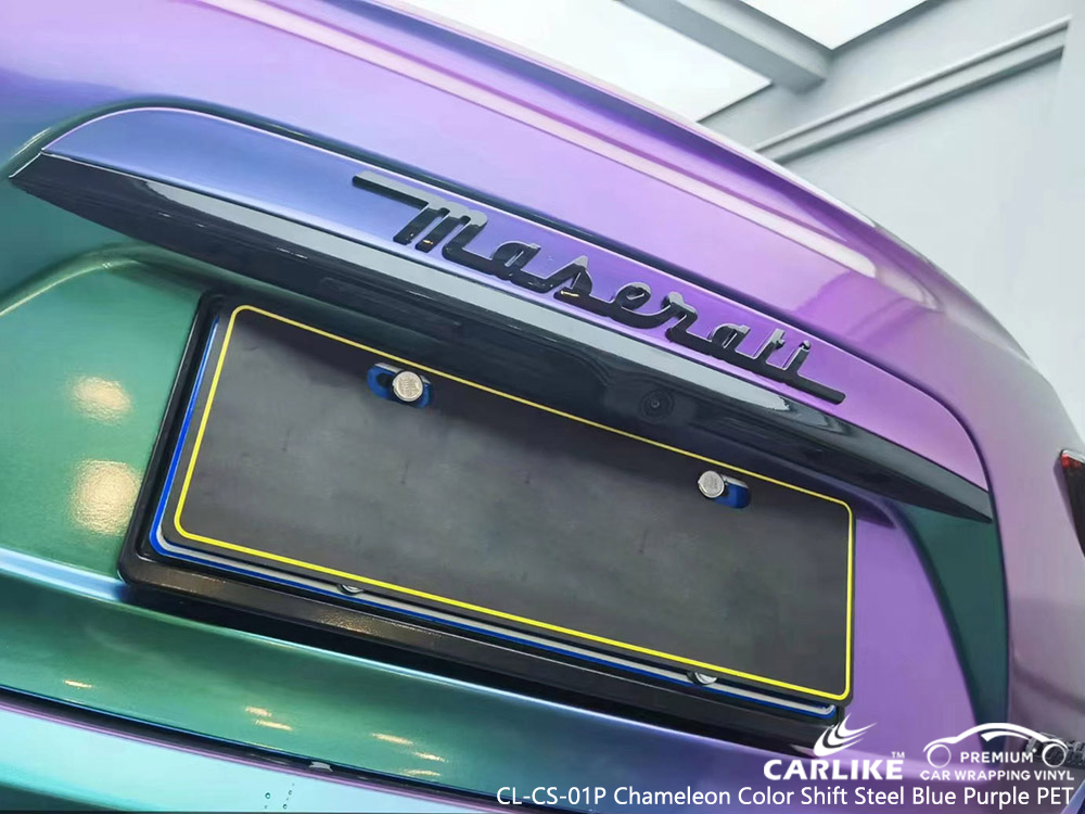 CL-CS-01P Camaleón Cambio de color Acero Azul Púrpura PET Proveedor de rotulación de vehículos de vinilo para MASERATI