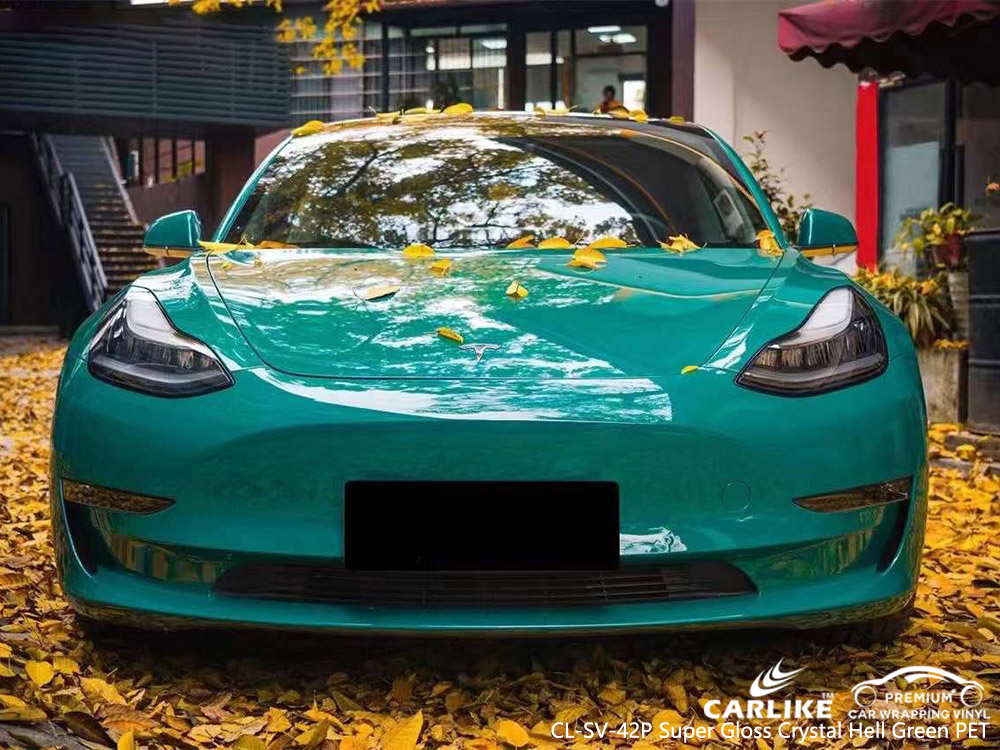 CL-SV-42P Super Gloss Crystal Hell Green PET Vinyl الشركة المصنعة لأغطية السيارة لـ TESLA 