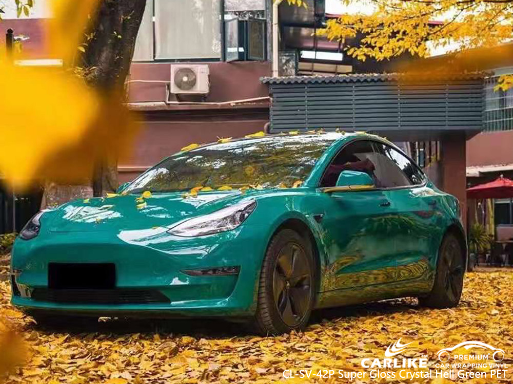 CL-SV-42P Super Gloss Crystal Hell Green PET Vinyl الشركة المصنعة لأغطية السيارة لـ TESLA 