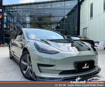 CL-SV-30 Super Gloss Crystal Khaki Green Vinyl Auto Wrap المزود لـ TESLA