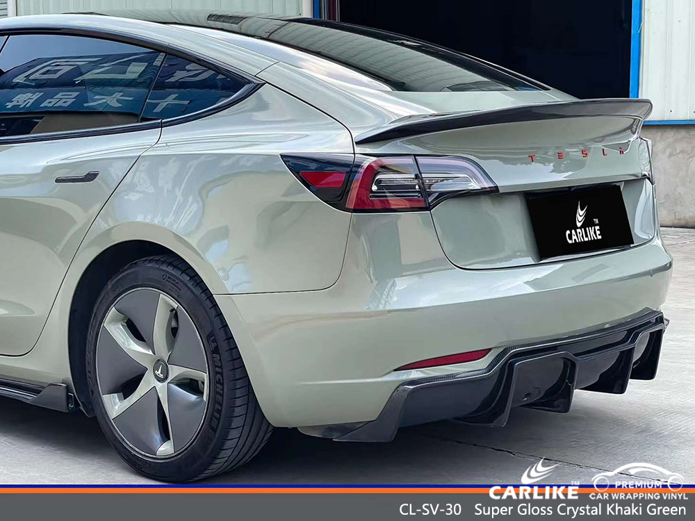 CL-SV-30 Super Gloss Crystal Khaki Green Vinyl Auto مورد التفاف لـ TESLA 