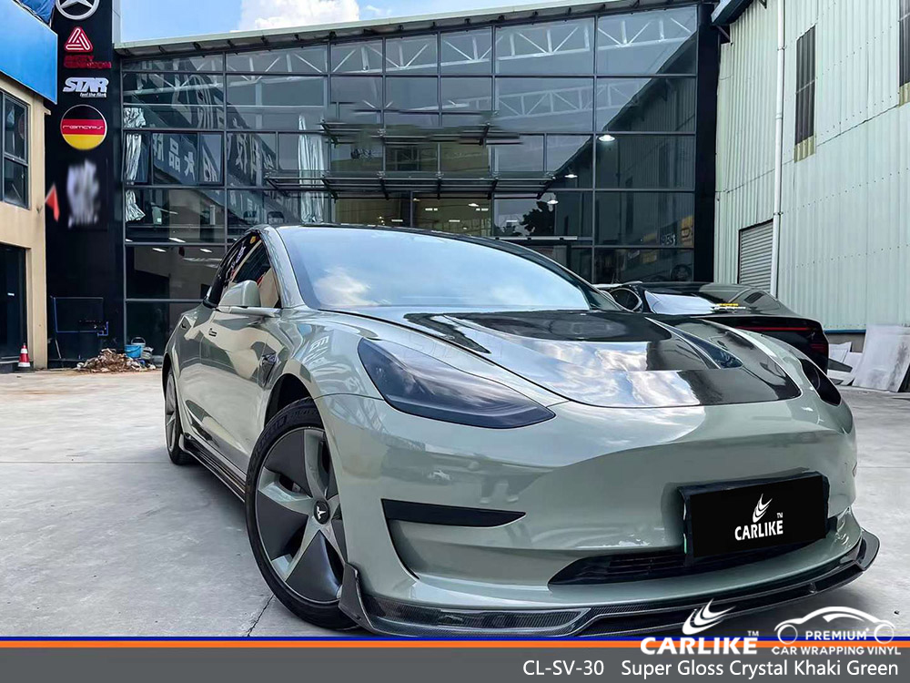 CL-SV-30 Super Gloss Crystal Khaki Green Vinyl Auto مورد التفاف لـ TESLA 