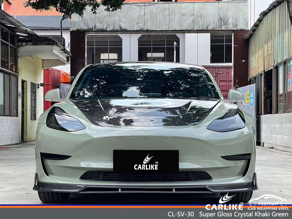 CL-SV-30 Super Gloss Crystal Khaki Green Vinyl Auto مورد التفاف لـ TESLA 