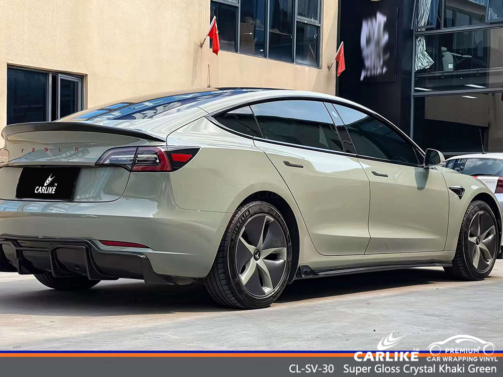 CL-SV-30 Super Gloss Crystal Khaki Green Vinyl Auto مورد التفاف لـ TESLA 