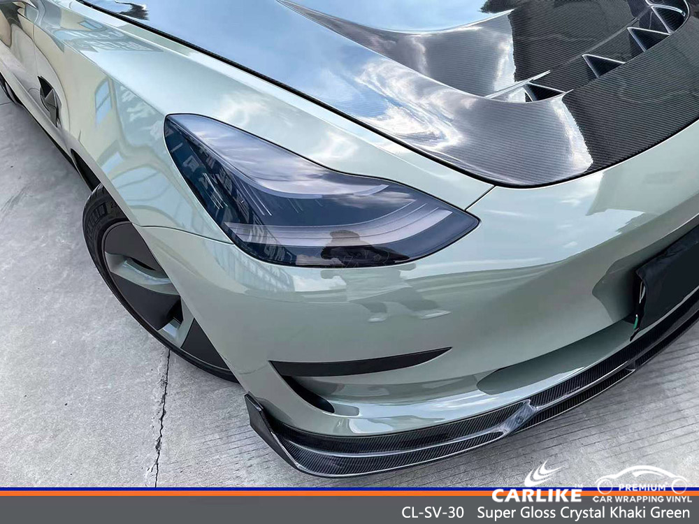 CL-SV-30 Super Gloss Crystal Khaki Green Vinyl Auto مورد التفاف لـ TESLA 
