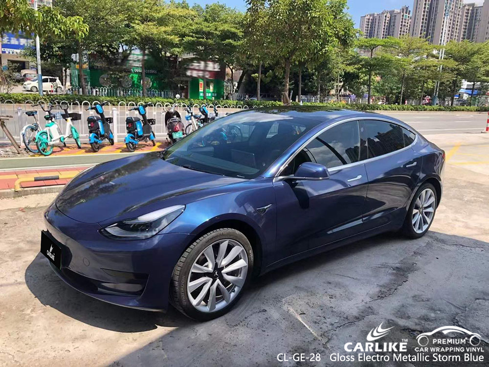CL-GE-28 Gloss Electro Metallic Storm Blue Vinyl Vehicle Wrap Manufacturer For TESLA