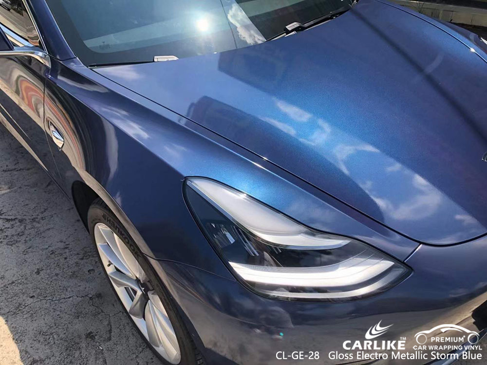 CL-GE-28 Gloss Electro Metallic Storm Blue Vinyl Vehicle Wrap Manufacturer For TESLA
