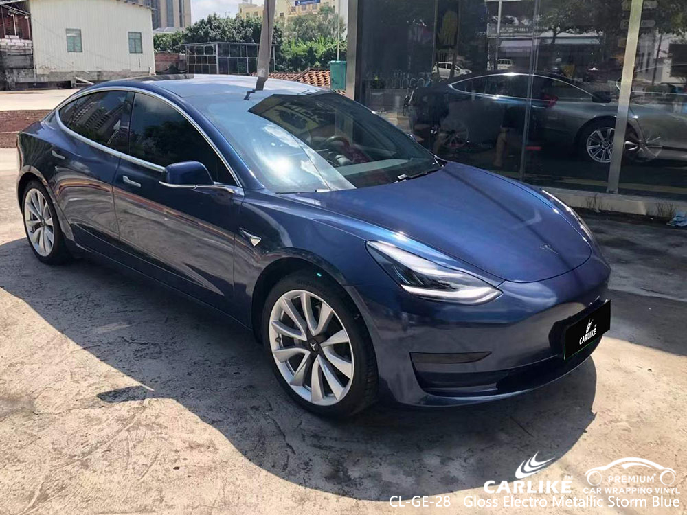 CL-GE-28 Gloss Electro Metallic Storm Blue Vinyl Vehicle Wrap Manufacturer For TESLA