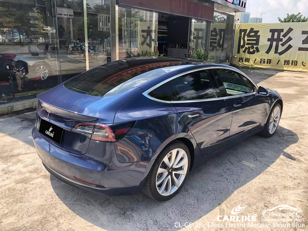CL-GE-28 Gloss Electro Metallic Storm Blue Vinyl Vehicle Wrap Manufacturer For TESLA