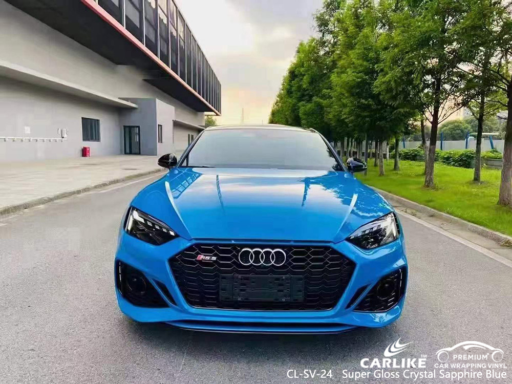 CL-SV-24 Super Gloss Crystal Sapphire Blue Vinyl Vehicle Wrap Factory For AUDI