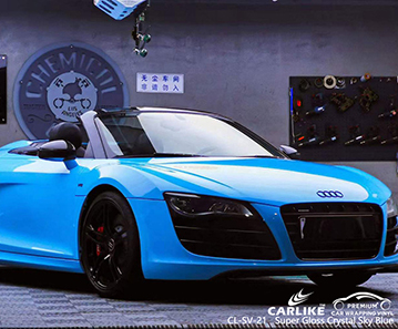 CL-SV-21 Super Gloss Crystal Sky Blue Vinyl Auto Wrap Supplier For AUDI