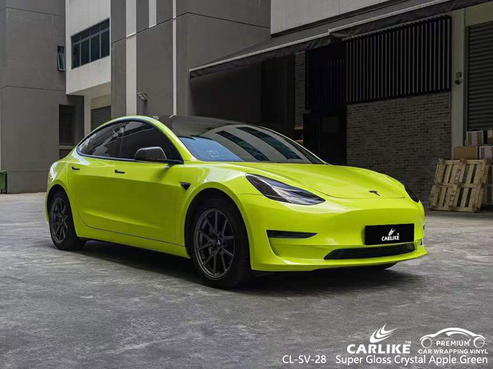 CL-SV-28 Super Gloss Crystal Apple Green Vinyl Auto Wrap Lieferant Für TESLA