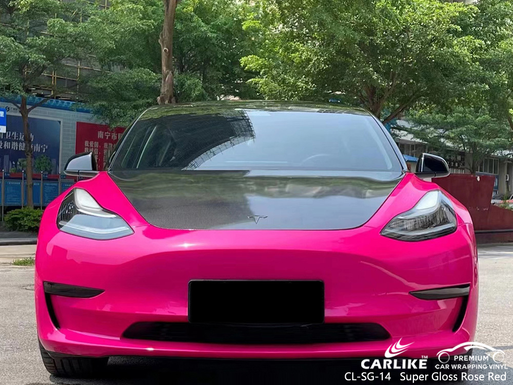 TESLA için CL-SG-14 Süper Parlak Gül Kırmızı Araba Wrap Vinil Fabrikası