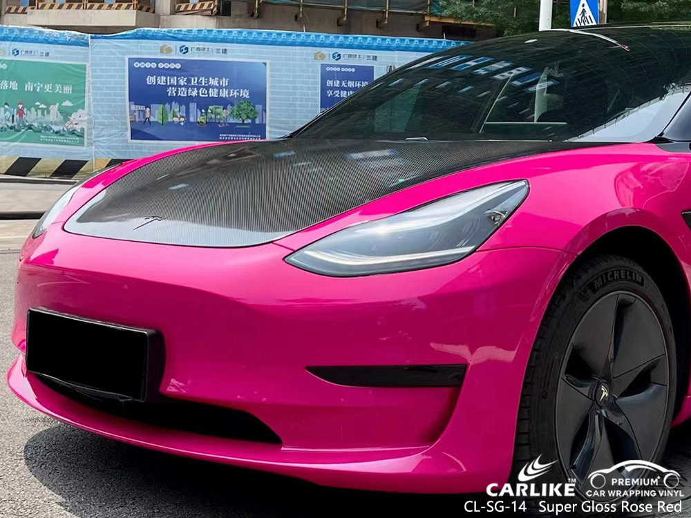 CL-SG-14 Super Gloss Rose Red Car Wrap Vinyl Factory For TESLA