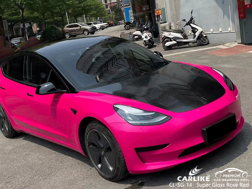 CL-SG-14 Super Gloss Rose Red Car Wrap Vinyl Fabrik Für TESLA