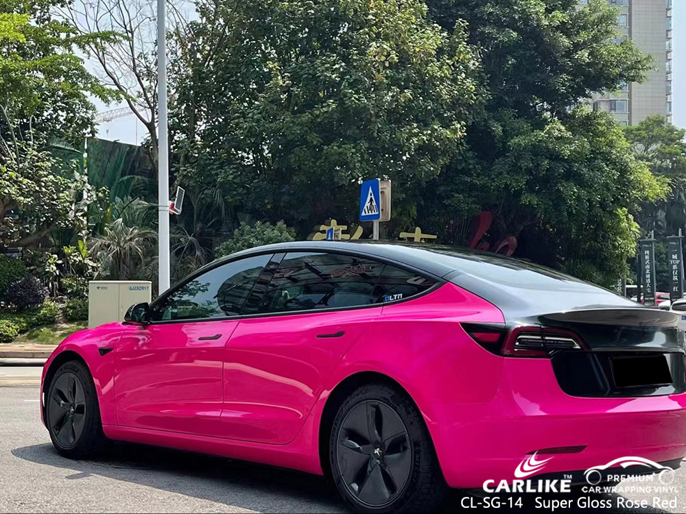 CL-SG-14 Super Gloss Rose Red Car Wrap Vinyl Factory For TESLA