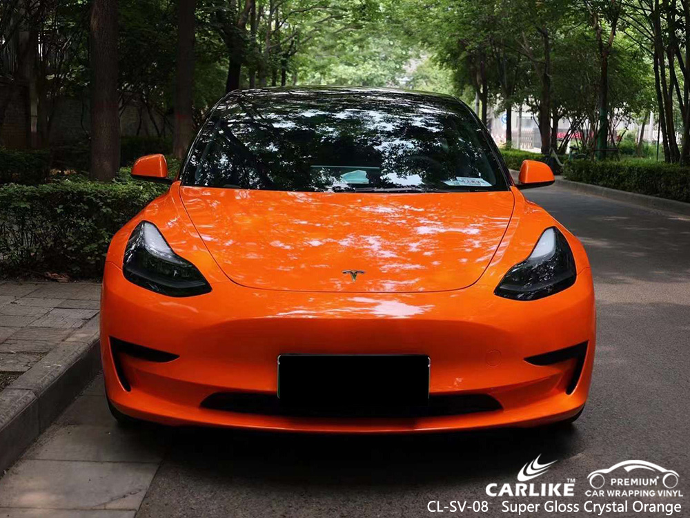 CL-SV-08 Super Gloss Crystal Orange Vinyl Fahrzeug Wrap Factory Für TESLA