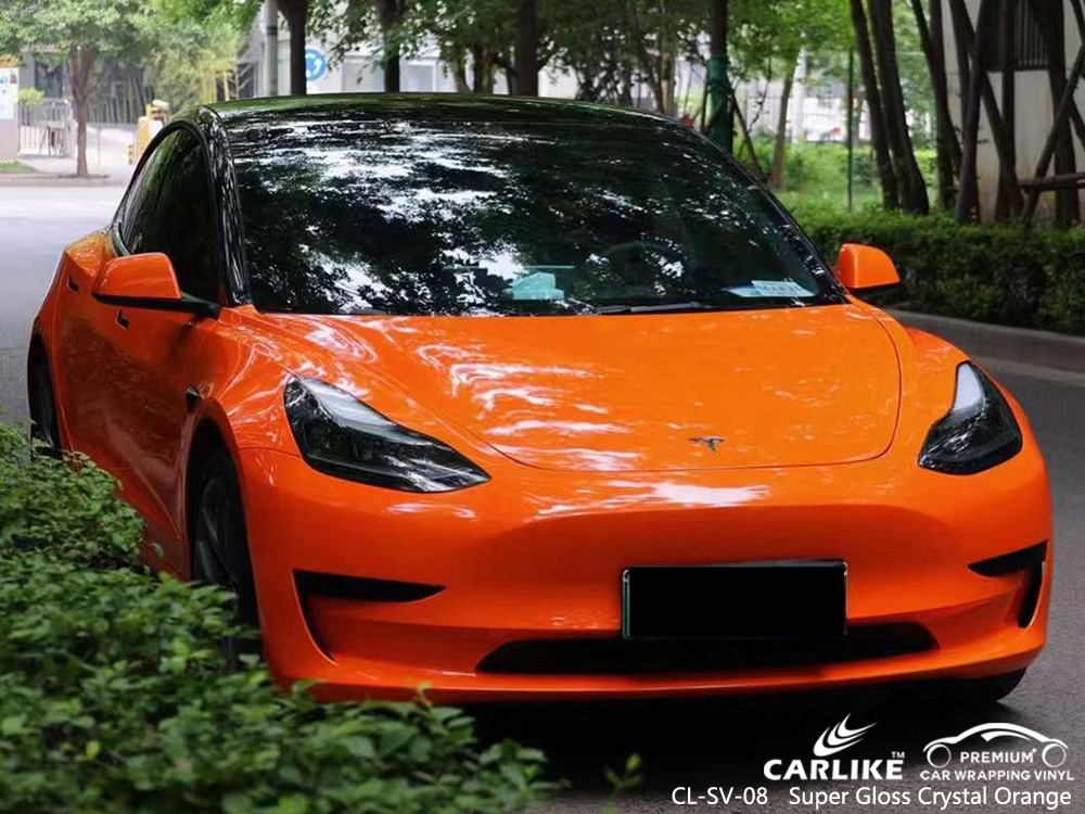 CL-SV-08 Super Gloss Crystal Orange Vinyl Vehicle Wrap Factory Para TESLA